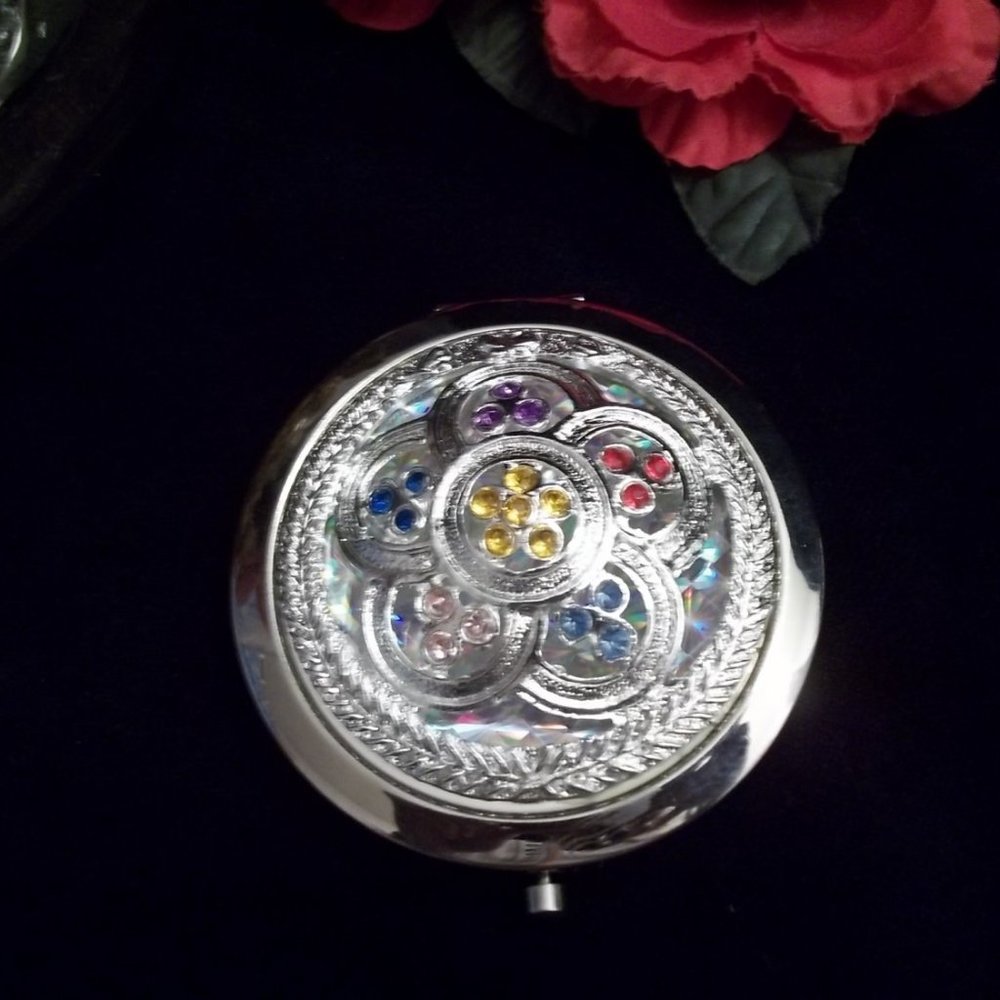 🛍️❤️Silver Multicolor Crystal Barbiecore  Make up Beauty  Compact Mirror🛍️❤️